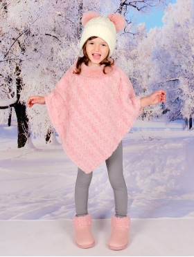 Kids Soft Faux Fur Poncho W/  Weave Pattern and Faux Fur Neckline (3-7 Years Old) 